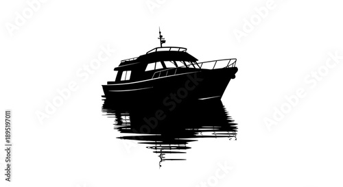 Luxury Powerboat Silhouette with Reflection on Calm Water, Nautical Travel on Isolated White Background.