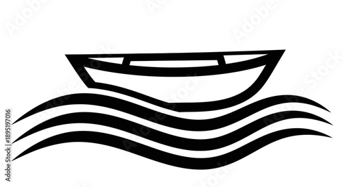 Simple Boat Outline with Waves, Representing Calm Sea Travel on Isolated White Background.