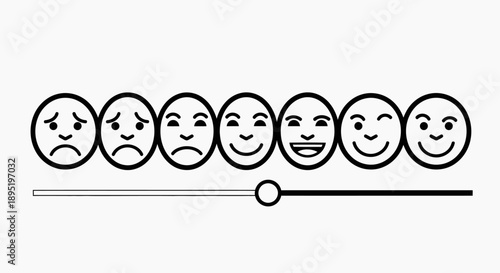 Customer Satisfaction Slider with Emoticons from Sad to Ecstatic, User Feedback Interface on Isolated White Background.