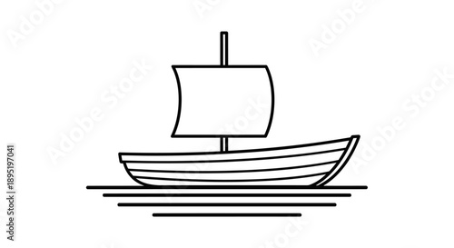 Simple Sailboat Outline Floating Calmly on Water, Nautical Vessel Concept on Isolated White Background.