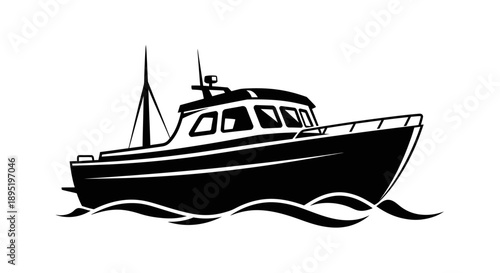 Sleek Powerboat Silhouette Cruising on Water, Luxury Yacht Concept on Isolated White Background.