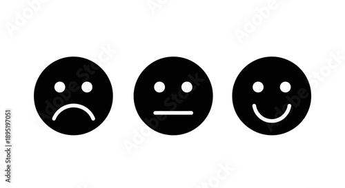 Customer Feedback Emoticons Showing Sad, Neutral, and Happy Faces, Isolated White Background.