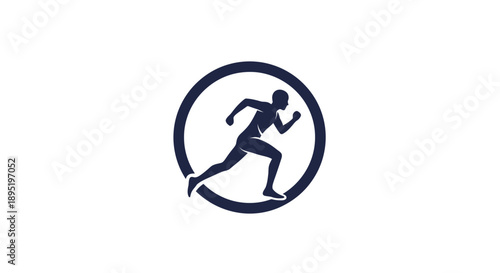 Determined Male Runner Silhouette in Dark Blue Circle, Sports and Fitness Icon on Isolated White Background.