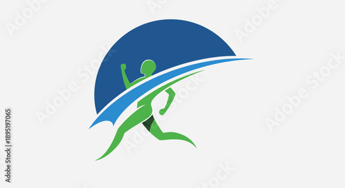 Dynamic Green Runner Silhouette Moving on Blue Arc, Sports Logo Concept on Isolated White Background.