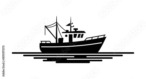 Classic Fishing Boat Silhouette Floating on Water, Isolated White Background.