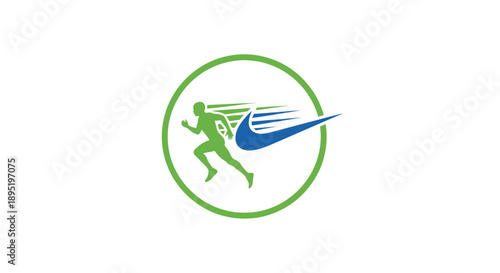 Green running person logo with a blue dynamic swoosh symbolizing speed and athletic performance on an isolated white background.