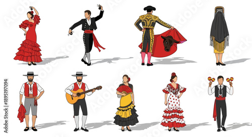 Vibrant illustrations of flamenco dancers performing traditional Spanish dance moves with various musical instruments