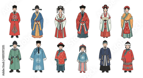 Traditional Asian figures in various attire standing in a line, viewed from the front, showcasing cultural heritage and diverse clothing styles