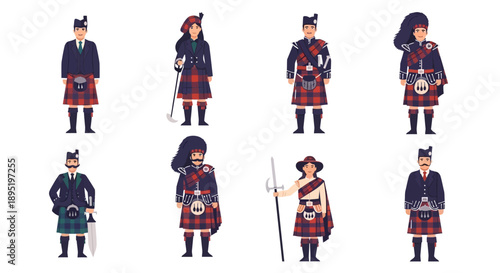 A collection of eight men in traditional Scottish kilts standing in various poses holding different objects