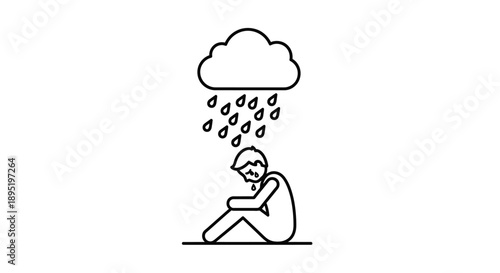 Sad Stick Figure Person Sitting Under Rain Cloud Experiencing Depression on Isolated White Background