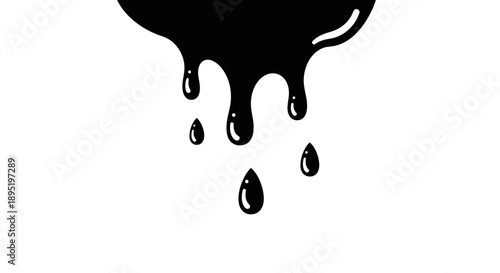 Black Liquid Dripping Down with Splashes and Drops, Isolated White Background