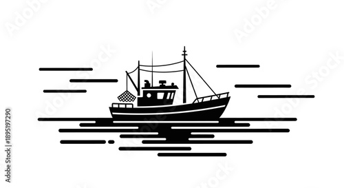 Fast Moving Fishing Boat Silhouette Icon with Speed Lines, Isolated White Background