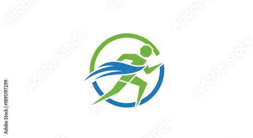 Dynamic Blue and Green Runner Logo with Motion Lines in Circle, Isolated White Background
