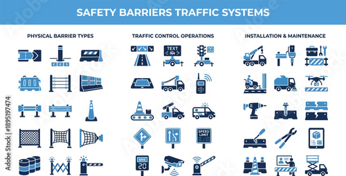 Traffic Safety Systems and Smart Barrier Operations Icon Set