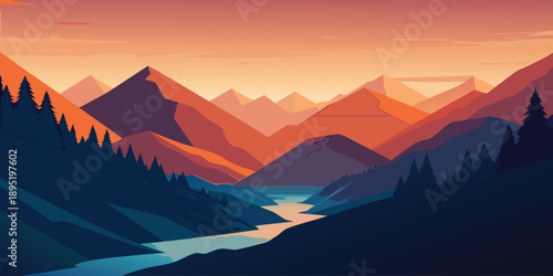 Sunset over mountain range