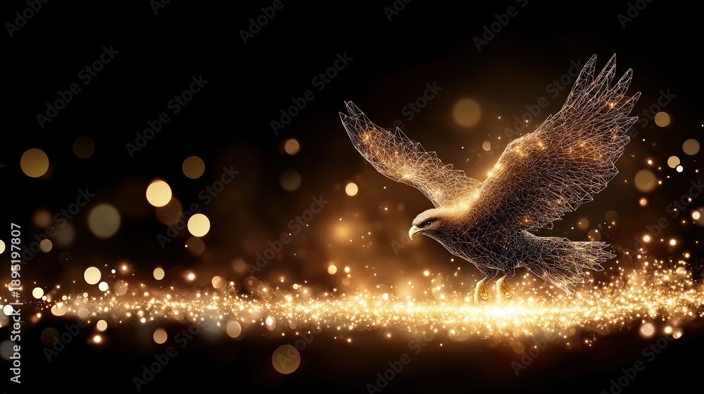 Obraz premium Golden Eagle Ascending from Sparkling Light Trail, Abstract Digital Art