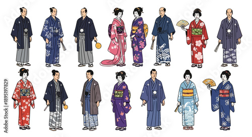 Collection of Traditional Japanese Kimono Illustrations Featuring People in Various Cultural Attire and Accessories