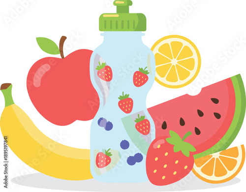 Fresh Fruits and Infused Water Bottle with Apple Banana Watermelon and Citrus Vector Illustration
