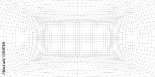 Room projection grid in futuristic 3d style. Outline futuristic grid background, room projection. Wireframe grid template in perspective view