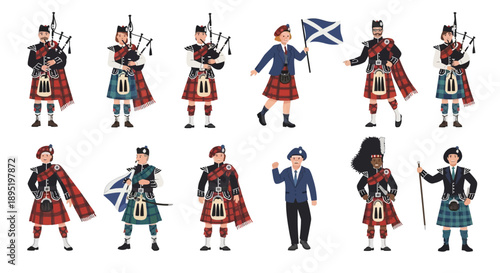 Illustration of bagpipers in traditional Scottish attire marching in various poses and actions