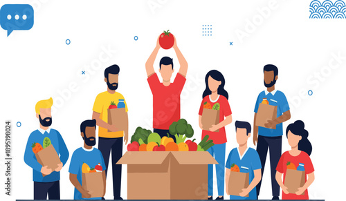 Flat vector illustration of a diverse group of volunteers holding grocery bags standing around a large cardboard box filled with fresh healthy vegetables.
