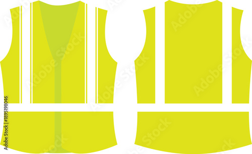 Safety reflective vest yellow flat icon set. Road construction worker uniform, high visibility jacket clothing equipment, traffic protection vectors illustration isolated on transparent background.