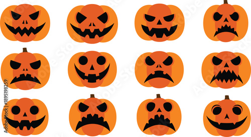 Halloween Pumpkin Faces Collection with Scary Jack O Lantern Expressions Vector Illustration Set