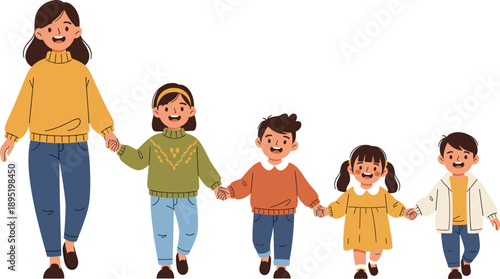 Happy Mother Walking with Four Children Holding Hands Flat Vector Illustration Family Concept
