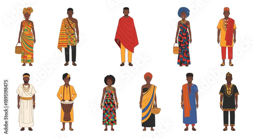 Diverse group of people wearing traditional clothing from various cultures standing together in a flat illustration style