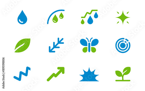 Collection of green and blue eco friendly icons on clean background