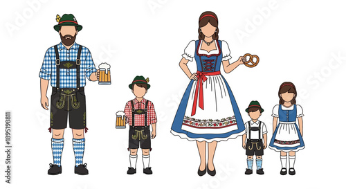 Family in traditional German attire enjoying beer and pretzels together