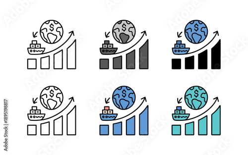 Business growth with global shipping and finance icons in various colors and line styles