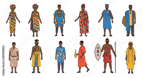 Diverse group of people in traditional African attire, various clothing and accessories, standing, isolated on a clean background, illustrated figures from different cultures, Whisk reference