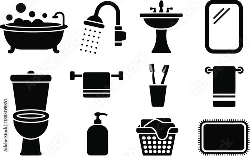 An organized grid of black silhouette icons depicting various items found in a typical bathroom setting