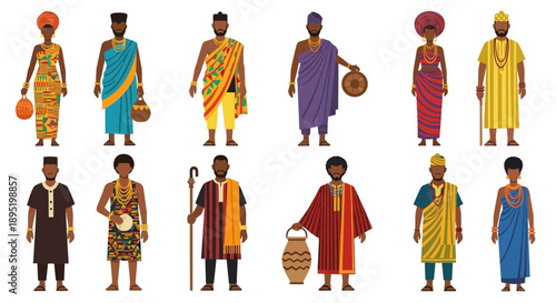 Diverse cultural illustration of people in traditional attire showcasing various ethnic backgrounds and customs