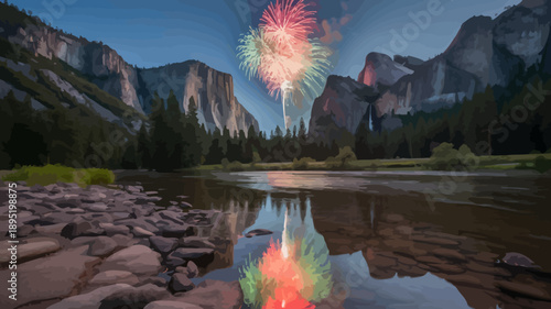 Fireworks exploding above a serene mountain lake with rocky shoreline and trees  evening