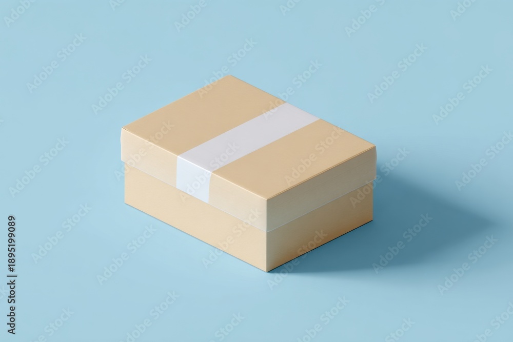 Fototapeta premium Beige gift box with white ribbon on light blue background