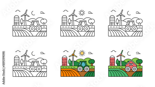 Agriculture scenes with tractors and wind turbines in landscape designs