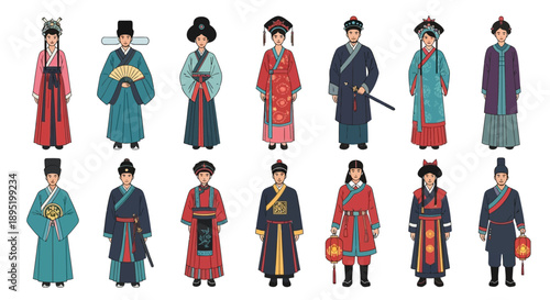 Illustrations of diverse historical figures in traditional attire showcasing cultural heritage and fashion