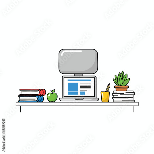 Cluttered Workspace with Computer and Books