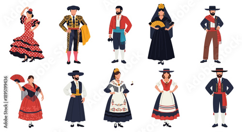 Traditional Spanish dancers and musicians in folk costumes performing in a cultural festival scene