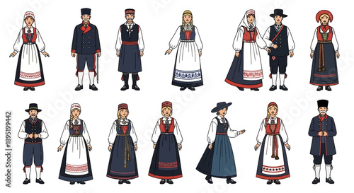 Diverse group of people in traditional folk costumes standing in various poses and attire