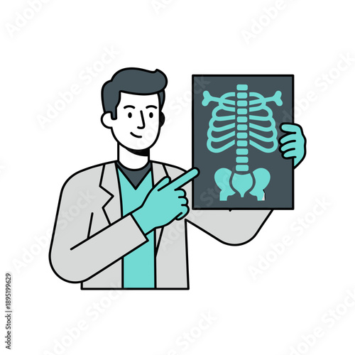 Male doctor pointing at x ray image of human skeleton on white background, concept of medical diagnosis and healthcare