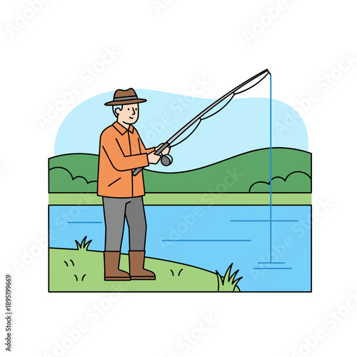 Elderly caucasian man fishing by river with rod on nature background, concept of peaceful hobby and leisure lifestyle