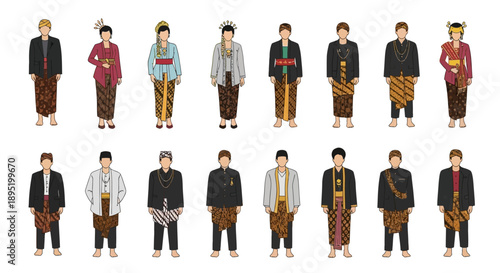 Diverse men in traditional attire standing in two rows, showcasing various cultural dress styles and accessories from different regions.