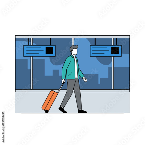 Young caucasian man walking through airport terminal with suitcase, concept of travel and business trip