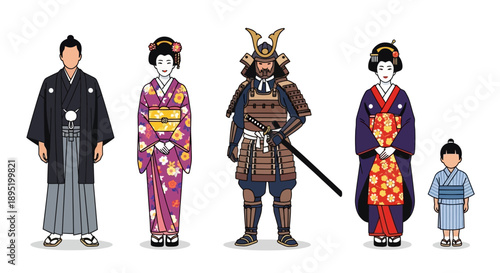 Illustration of traditional Japanese family members in elegant attire standing together in a serene environment from a frontal viewpoint