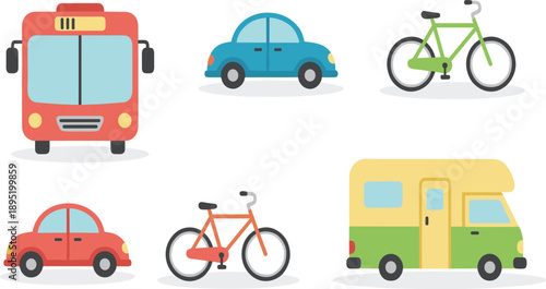 Public and Personal Transportation Collection with Bus Cars Bicycles and Van Flat Vector Illustration Set