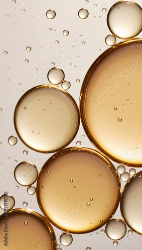 Golden cosmetic oil droplets macro texture, luxury skincare serum bubbles background