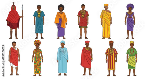 Diverse group of people in traditional African clothing standing together in a cultural setting